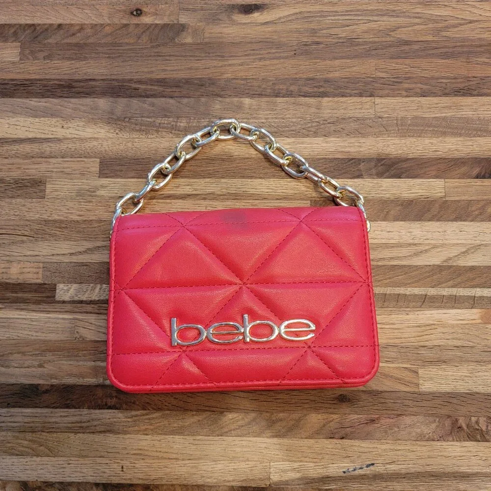 BEBE Red Quilted Faux Leather Crossbody Purse w Gold Chain Handstrap